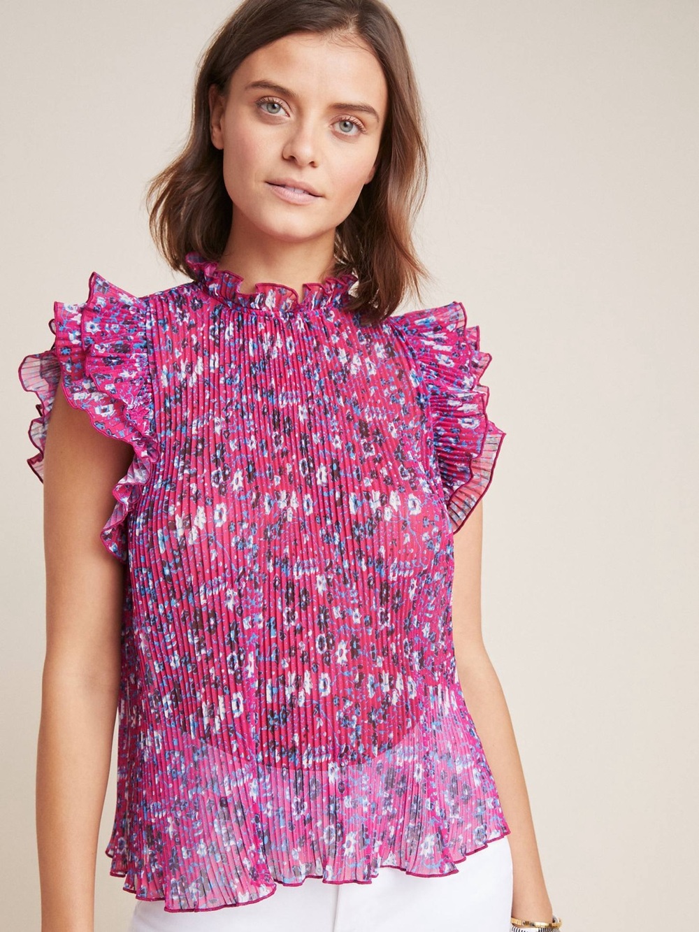 Anthropologie Frieda Pleated Flutter Sleeve Blouse | Pink Floral | XS